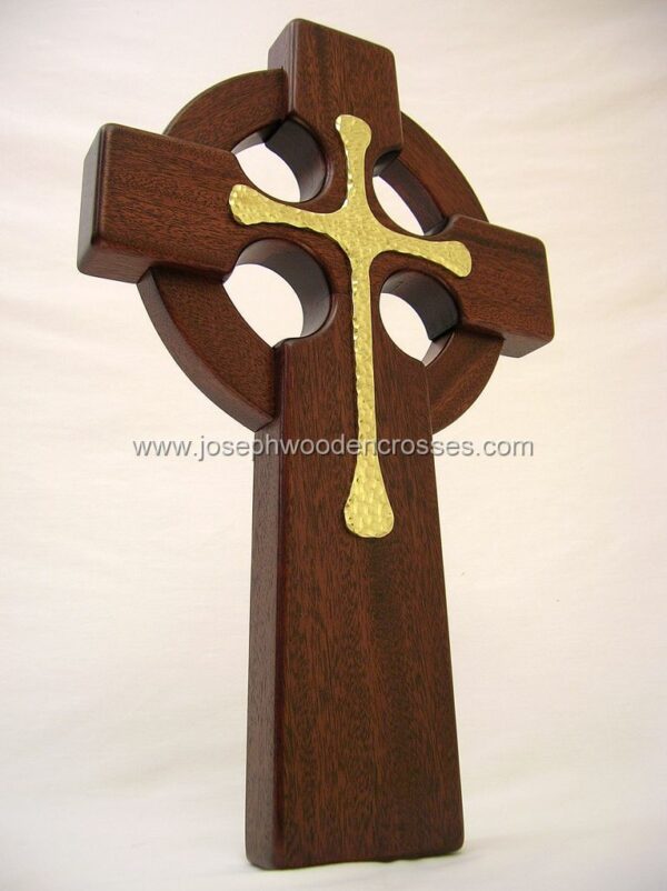 16 Inch Mahogany Celtic Cross with Brass Inlay