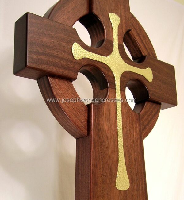 3 Foot Mahogany Irish Celtic Cross Brass Inlay bottom right