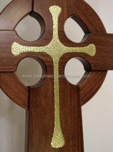 3 Foot Mahogany Irish Celtic Cross Brass Inlay front closeup