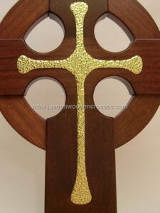 4 Foot Mahogany Irish Celtic Cross Brass Inlay front closeup