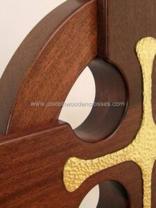 4 Foot Mahogany Irish Celtic Cross Brass Inlay top right closeup