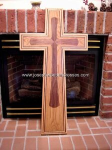 Christian Wall Cross with Oak and Walnut inlay fireplace