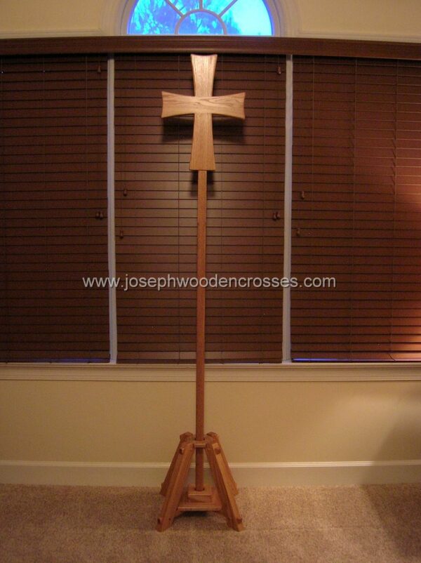 Greek Orthodox processional cross Oak Stand front