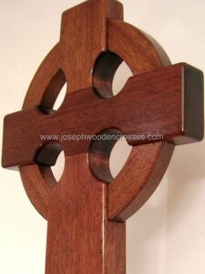 Irish Celtic Processional Cross in Mahogany with Stand closeup of cross