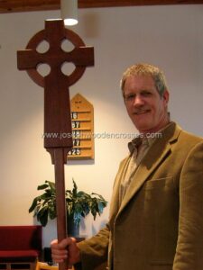 Irish Celtic Processional Cross in Mahogany with Stand closeup with joe