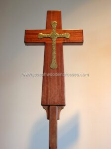 Latin Processional Cross in Mahogany Brass Inlay closeup