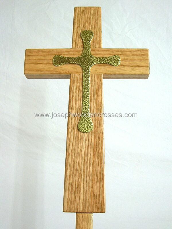 Oak Latin Processional Cross solid Brass Inlay closeup