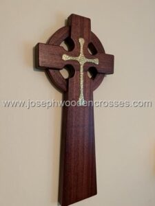 2 Foot Mahogany Celtic Christian Cross with solid Brass Inlay