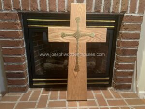 3 Foot Oak Latin Style Christian Cross with Brass Inlay PROFILE