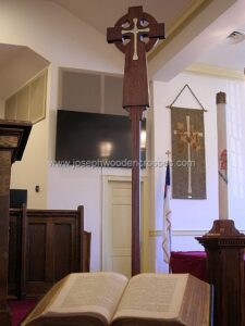 Irish Celtic Processional Cross in mahogany with solid Brass inlay and stand