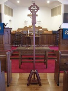 Irish Celtic Processional Cross in mahogany with solid Brass inlay and stand 4
