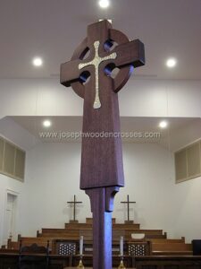 Irish Celtic Processional Cross in mahogany with solid Brass inlay and stand PROFILE
