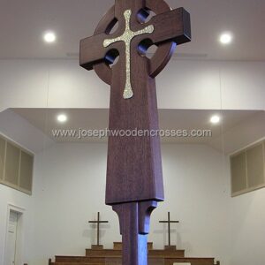 Irish Celtic Processional Cross in mahogany with solid Brass inlay and stand PROFILE